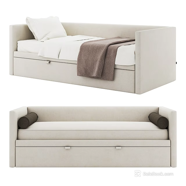 Beige Single Bed With Storage Drawers Throw Blanket And Cushions 3d model