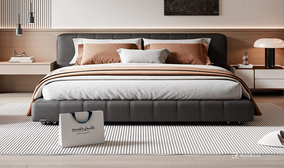 Modern Double Bed With Gray Leather Frame Brown Gray Pillows And Striped Bedspread 3d model 
