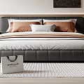Modern Double Bed With Gray Leather Frame Brown Gray Pillows And Striped Bedspread