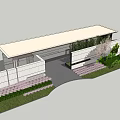 Modern Entrance Gate With Roof Surrounded By Cherry Blossom Tree Shrubs And Flower Beds