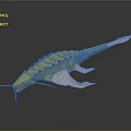 Green Aquatic Creature With Luminous Blue Spots Long Body Fins And Whiskers