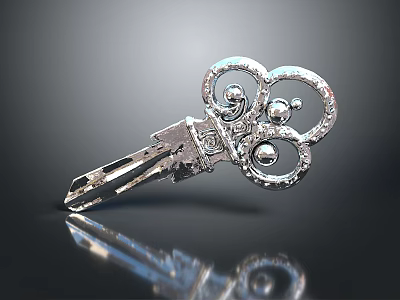 Decorative Silver Key With Intricate Ornate Design For Daily Home Use 3d model
