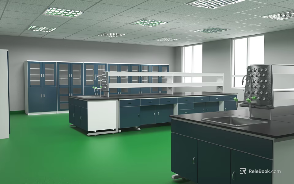 Modern Laboratory Interior With Green Flooring Lab Benches Cabinets And Windows 3d model