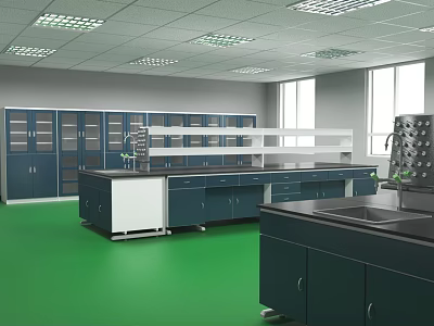 Modern Laboratory Interior With Green Flooring Lab Benches Cabinets And Windows 3d model
