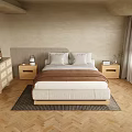 Cozy Bedroom Interior With Wooden Nightstand Radio Clock And Plant On Herringbone Floor