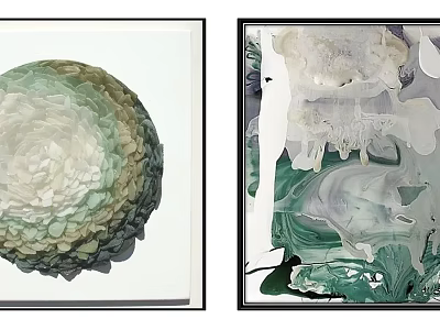 Pair of Abstract Paintings With Green White Gradient And Fluid Layered Textures 3d model