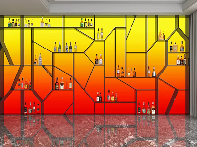 Modern Geometric Wine Cabinet with Yellow Red Gradient Background Open Shelves Holding Various Wine Bottles 3d model