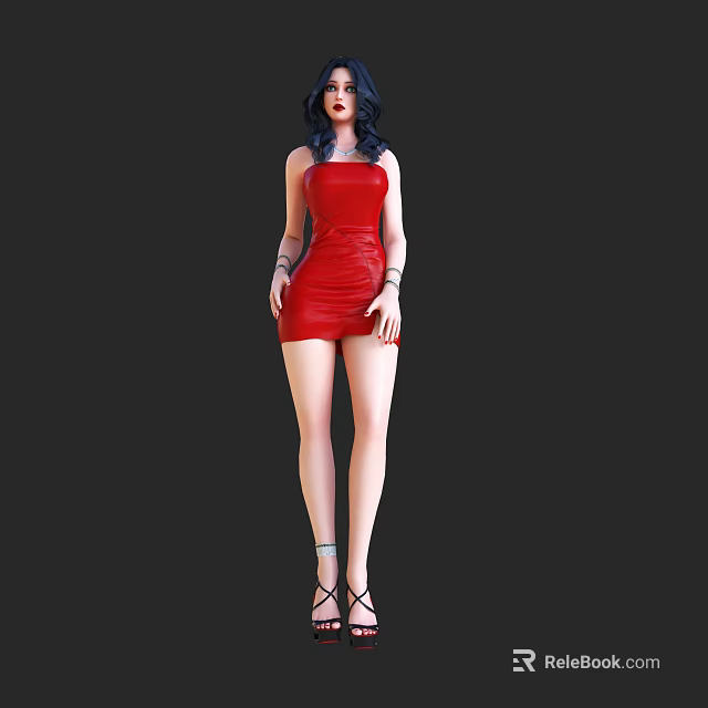 Stylish Woman In Red Leather Mini Dress With Black Hair And High Heels 3d model 