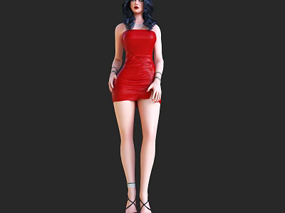 Stylish Woman In Red Leather Mini Dress With Black Hair And High Heels 3d model