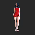 Stylish Woman In Red Leather Mini Dress With Black Hair And High Heels