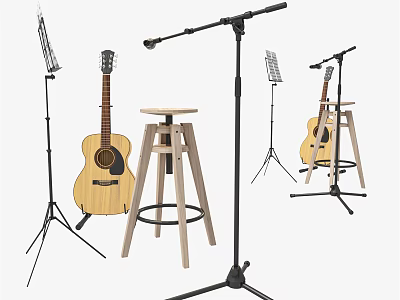 Musical Instruments and Accessories Including Acoustic Guitar Microphone Stand Music Stand and Wooden Stool 3d model