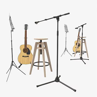 Musical Instruments and Accessories Including Acoustic Guitar Microphone Stand Music Stand and Wooden Stool 3d model