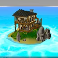 Two Story Wooden Cabin On Small Island With Green Grass Sandy Shore Rocks And Blue Water