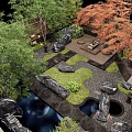 Natural Courtyard Garden Design With Rocks Trees Wooden Fence And Stone Pathway