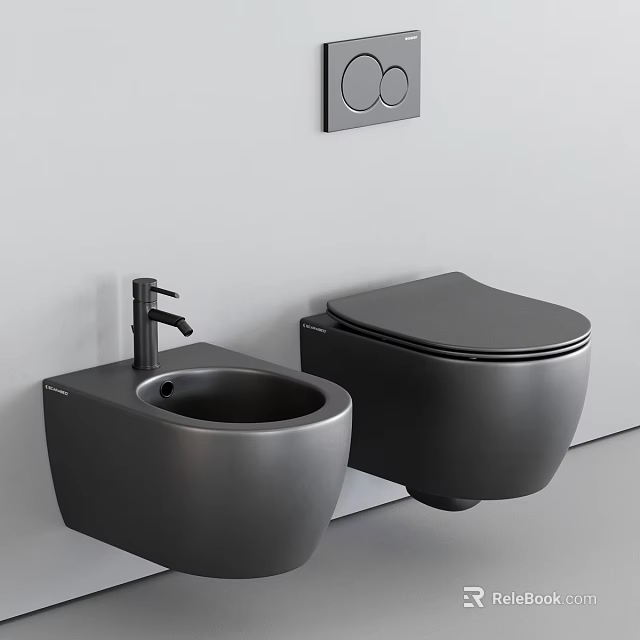 Modern Wall Mounted Black Toilet With Bidet And Black Faucet On Light Wall 3d model 