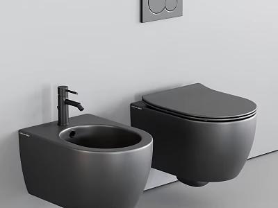 Modern Wall Mounted Black Toilet With Bidet And Black Faucet On Light Wall 3d model