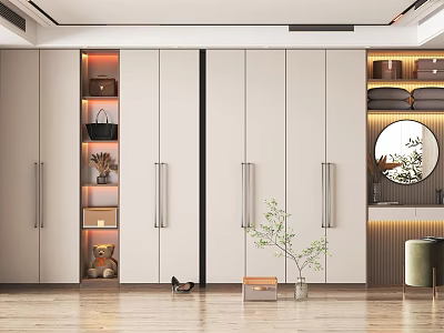 Modern White Wardrobe Design With Sliding Doors Metal Handles And Round Mirror 3d model