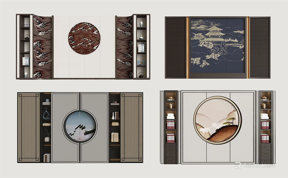 Chinese Style Sofa Background Wall Design With Circular Decoration Wooden Elements And Landscape Patterns 3d model