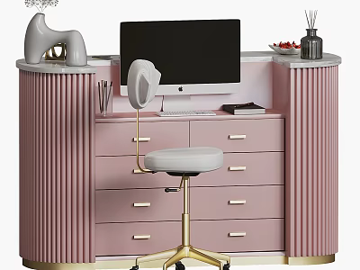 Modern Pink Reception Desk With Gold Accents White Stool And Computer Monitor 3d model