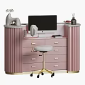 Modern Pink Reception Desk With Gold Accents White Stool And Computer Monitor