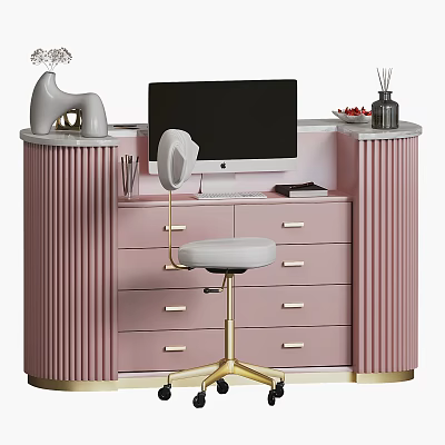 Modern Pink Reception Desk With Gold Accents White Stool And Computer Monitor 3d model