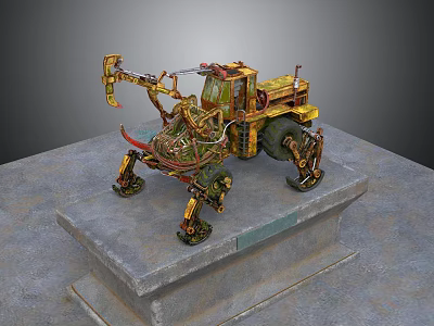 Yellow Green Mechanical Vehicle With Intricate Structure And Large Wheels On Stone Platform 3d model