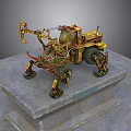 Yellow Green Mechanical Vehicle With Intricate Structure And Large Wheels On Stone Platform