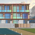 Modern Detached Villa Exterior With Glass Windows Balconies And Snowy Mountain Backdrop