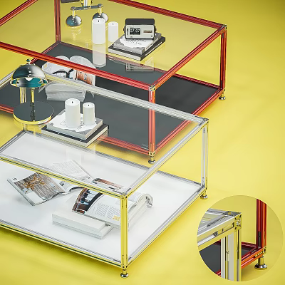Modern Multi Layered Coffee Table With Transparent Glass Shelves And Metal Frame 3d model