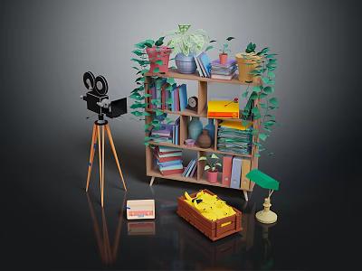 Vintage Study Nook With Bookcase Camera On Tripod Plants Books Lamp And Chest 3d model