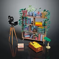 Vintage Study Nook With Bookcase Camera On Tripod Plants Books Lamp And Chest