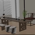 Traditional Tea Room Interior With Wooden Tea Table Tea Set Bamboo Plant And Chairs