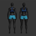 Female Model Wearing Blue Sports Bra And Light Blue Shorts Front Back Views