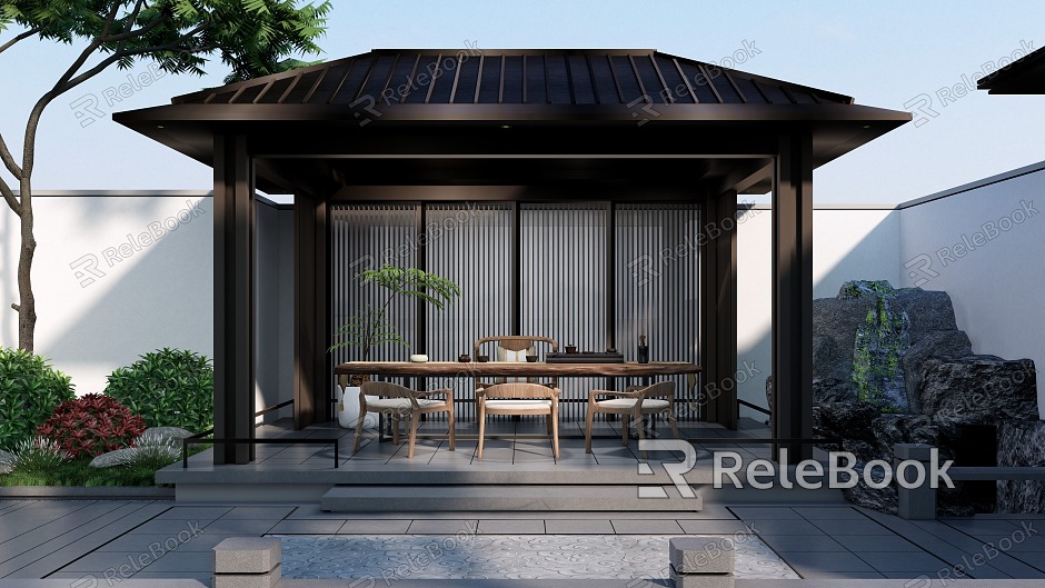 New Chinese pavilion courtyard tea room tea table rockery stacked shrub plant pruning shrub ball model