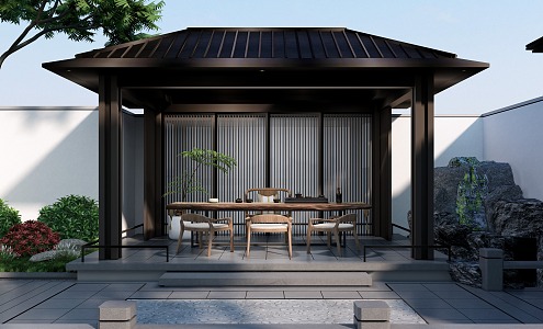 New Chinese pavilion courtyard tea room tea table rockery stacked shrub plant pruning shrub ball 3d model