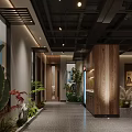 Warm Restaurant Entrance With Stone Columns Wooden Panels And Green Plants