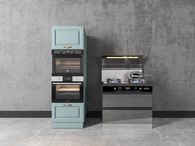 Modern Kitchen Appliances With Light Green Double Ovens And Black Silver Cooktop Range Hood 3d model