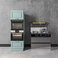 Modern Kitchen Appliances With Light Green Double Ovens And Black Silver Cooktop Range Hood