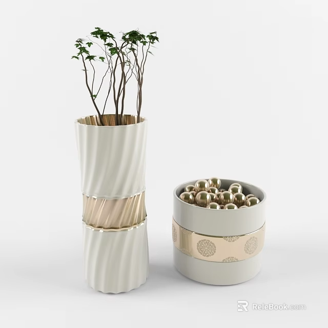 Decorative White Ceramic Vase With Green Branches And Golden Accent Stripes 3d model 