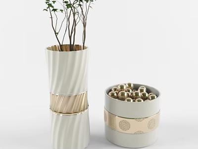 Decorative White Ceramic Vase With Green Branches And Golden Accent Stripes 3d model
