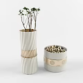 Decorative White Ceramic Vase With Green Branches And Golden Accent Stripes