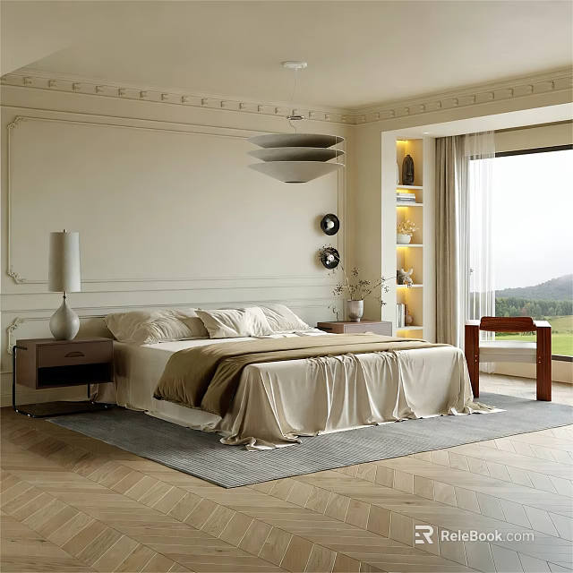 Elegant Bedroom Interior With Beige Walls Decorative Molding Modern Pendant Light And Geometric Rug 3d model 