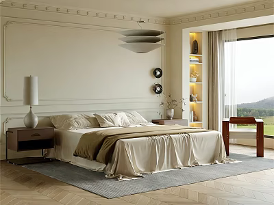 Elegant Bedroom Interior With Beige Walls Decorative Molding Modern Pendant Light And Geometric Rug 3d model