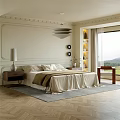 Elegant Bedroom Interior With Beige Walls Decorative Molding Modern Pendant Light And Geometric Rug