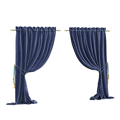 Elegant Navy Blue Velvet Curtains With Tiebacks And Tassel Decor For Windows 3d model