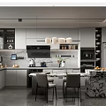 Modern Restaurant Kitchen Interior With Marble Island Cabinets Appliances And Pendant Lights