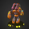 Robot Character with Blue Head Yellow Body Holding Green Orb on Black Base
