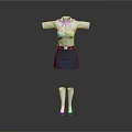 Classic School Uniform Outfit With White Shirt Purple Bow Blue Skirt White Stockings And Shoes