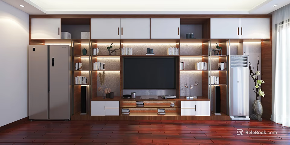 Modern TV Console Design With White And Wooden Storage Shelves And Decorative Items 3d model 