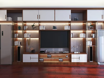 Modern TV Console Design With White And Wooden Storage Shelves And Decorative Items 3d model
